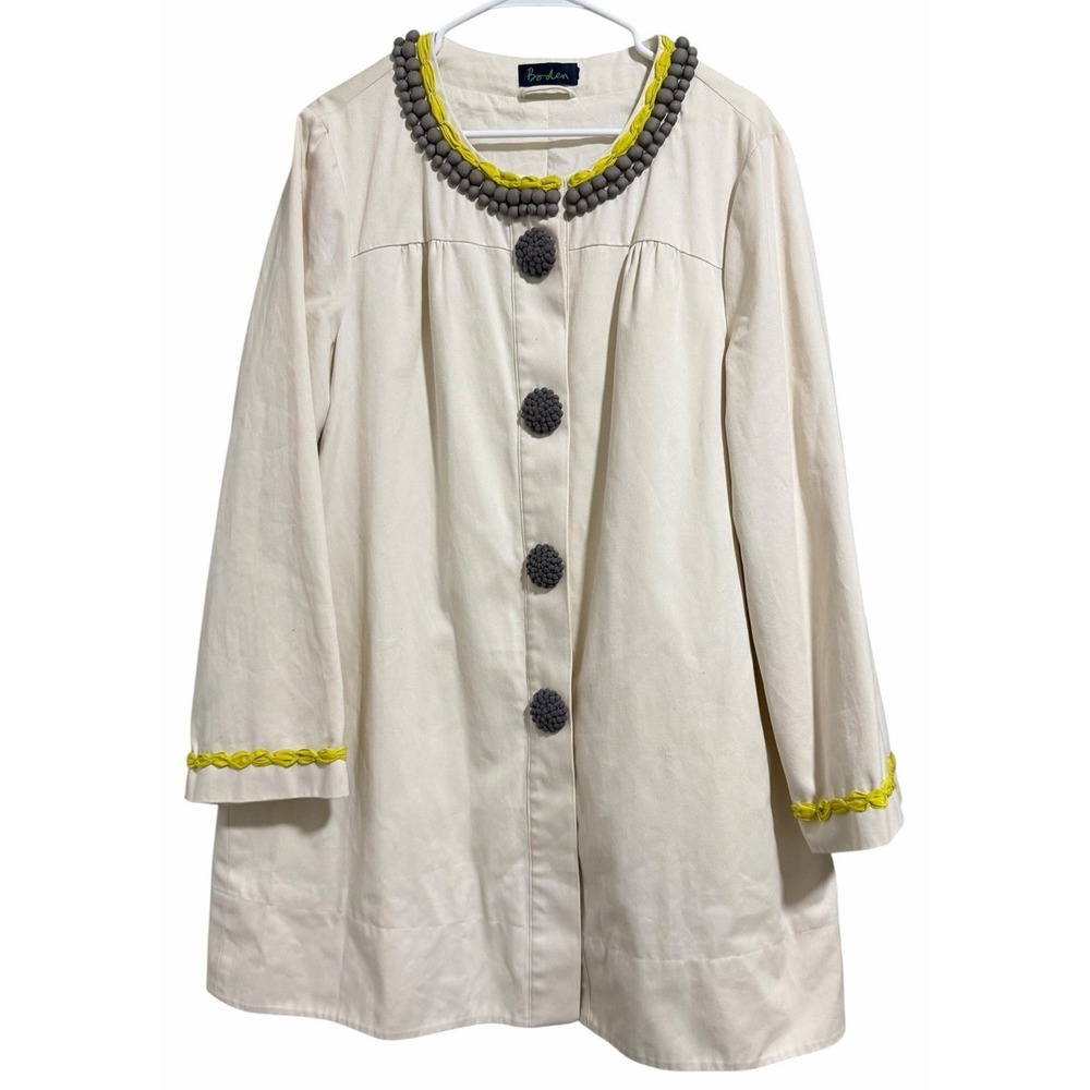Boden Artisan‎ Cream Coat W/Gray Bobble Buttons & Kiwi Trim Women's Size L/XL